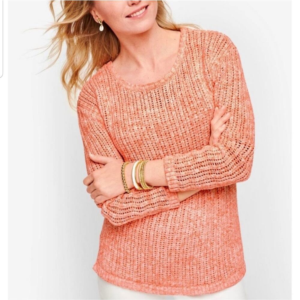 Talbots Open Stitch Sweater LP Cotton Relaxed Marled Orange‎ White Summer Light